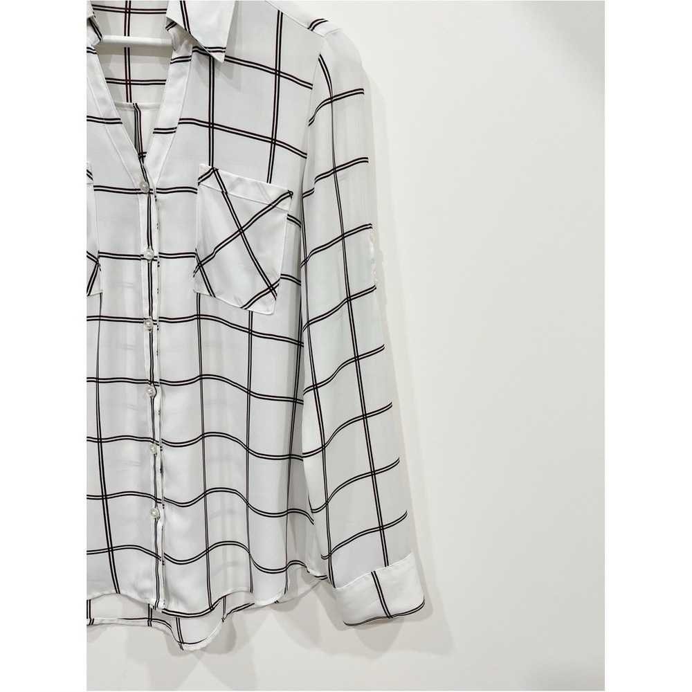 Express The Portofino Shirt White Plaid Button Down Blouse Small Windowpane - Picture 5 of 9